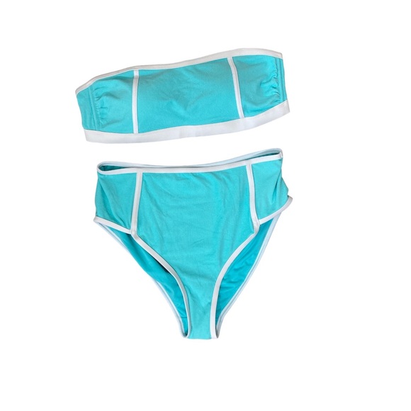 Terry Cloth High Waist Turquoise Retro Bandeau Bikini Plus Size 1X Top XL Bottom - Picture 2 of 4
